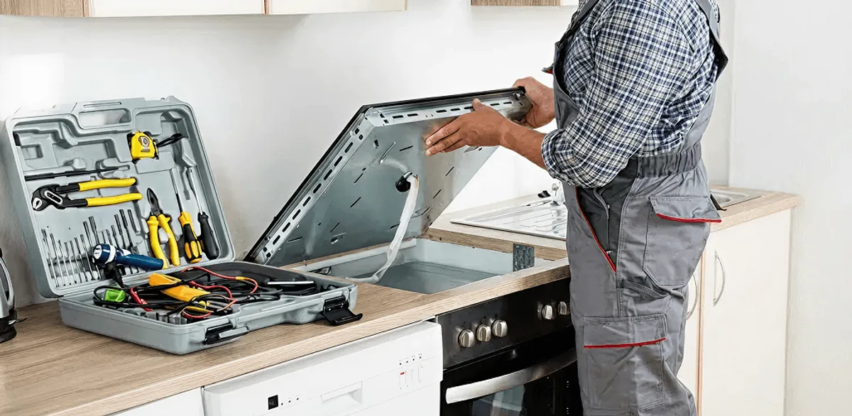 Handyman repairing a cooktop and checking wiring connections in New Orleans, LA