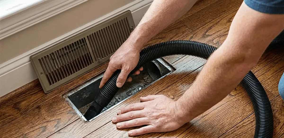 Air duct cleaning technician vacuuming a floor register and duct opening in New Orleans, LA