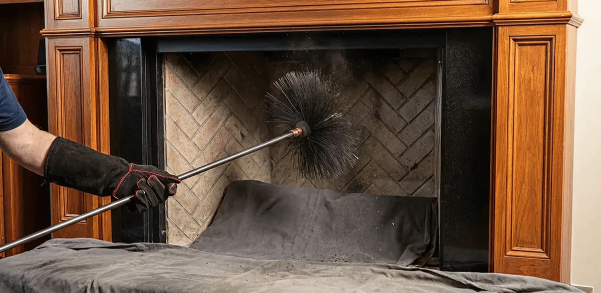 Chimney cleaning service brushing soot from a fireplace and flue in New Orleans, LA