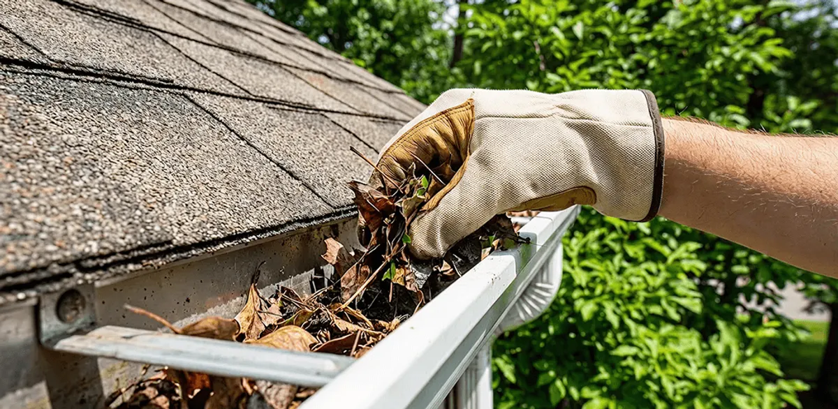 Gutter cleaning removing leaves and debris from roof gutters in New Orleans, LA