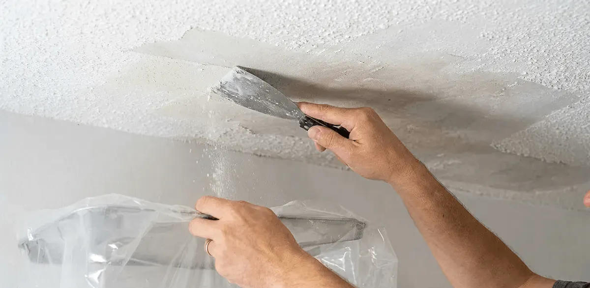 Popcorn ceiling removal technician scraping texture from a ceiling in New Orleans, LA