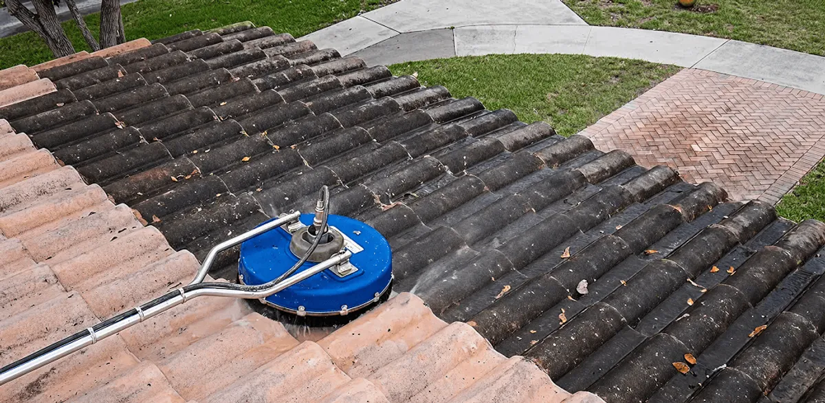 Roof pressure cleaning removing debris and buildup from roof tiles in New Orleans, LA