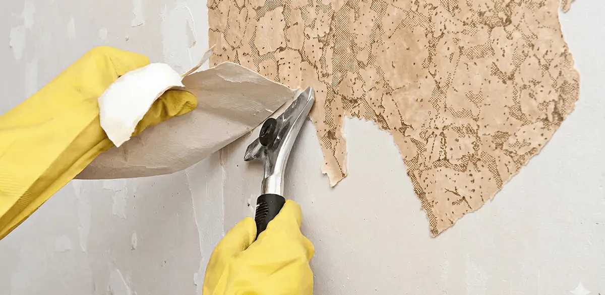 Wallpaper removal service stripping old wallpaper from a wall in New Orleans, LA